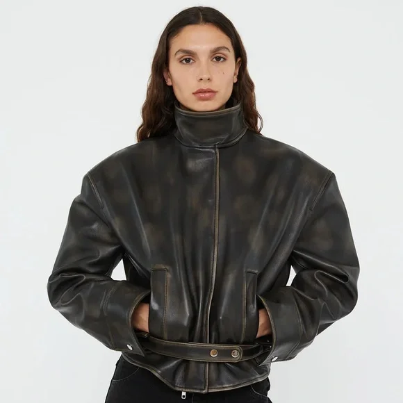 NWT Christopher Esber Eddie Burnished Leather Funnel Neck Leather Jacket Black - Picture 6 of 16